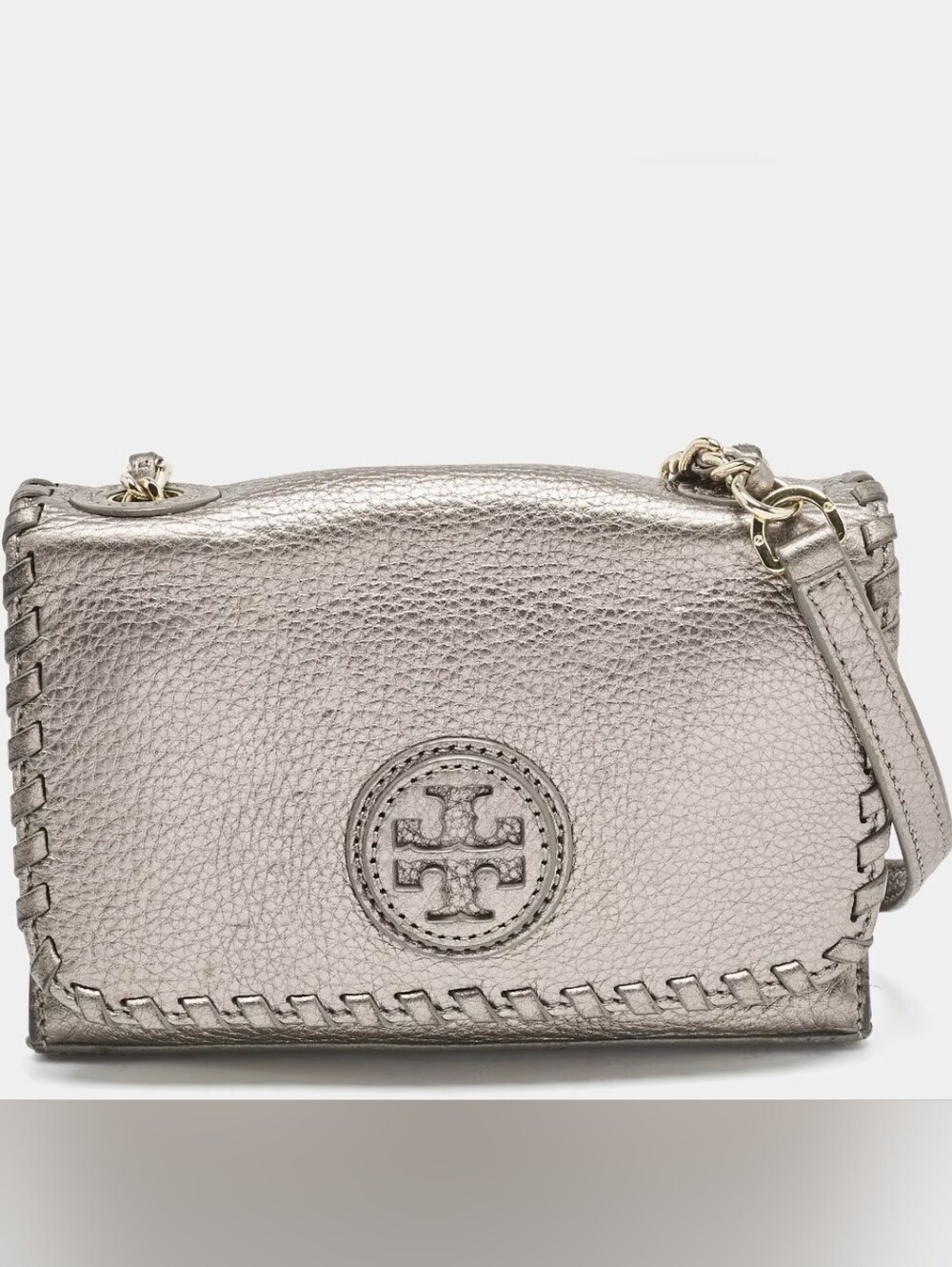 TORY BURCH "Marion" Small Mini Gray Metallic Peppled Leather Crossbody Bag